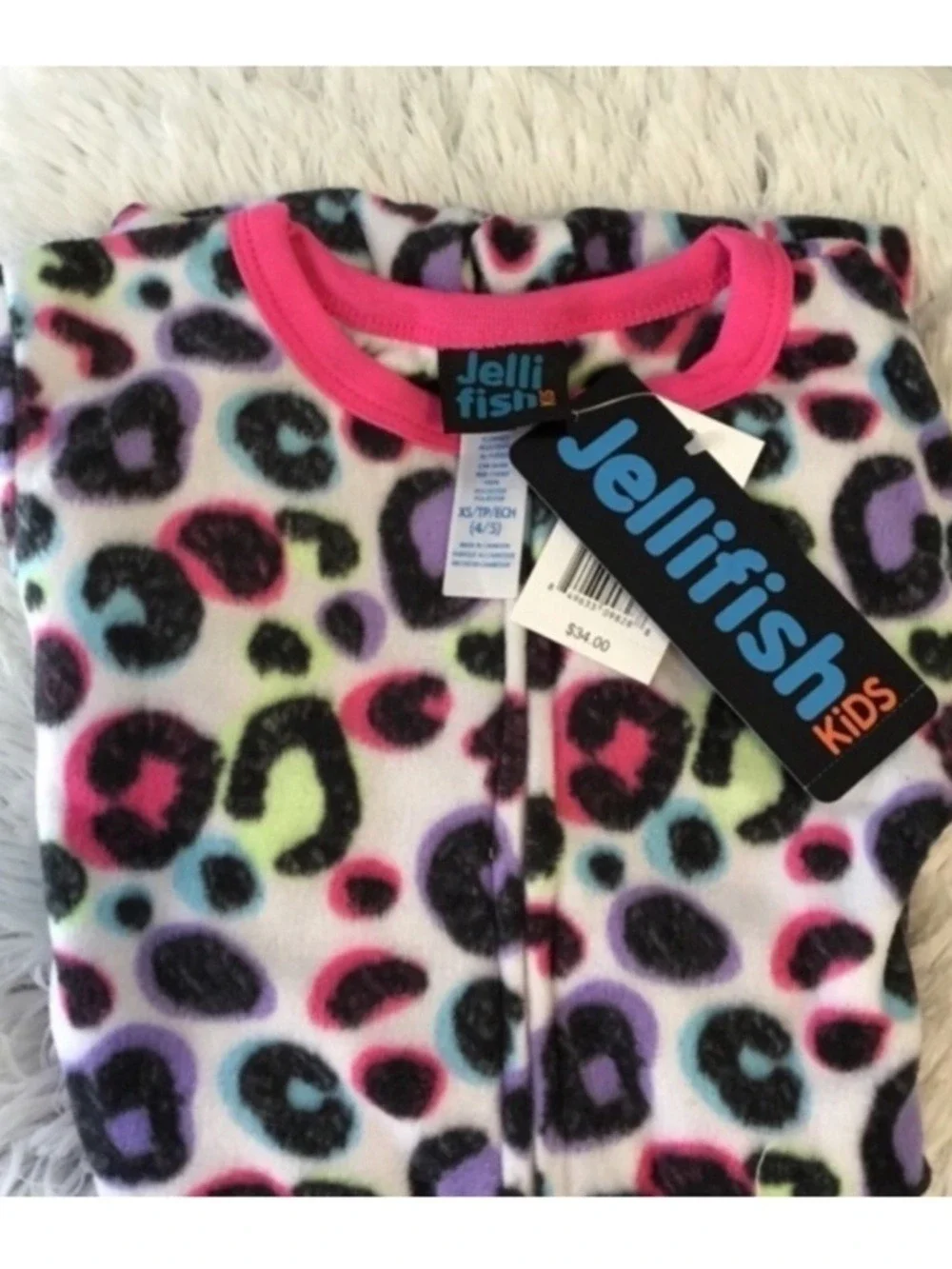 Jellyfish kids one piece pajama Girls XS size 4-5 white leopard animal print